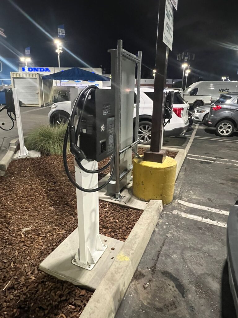 Close-up on the power supply or electrical sub-panel for the EV charging infrastructure.